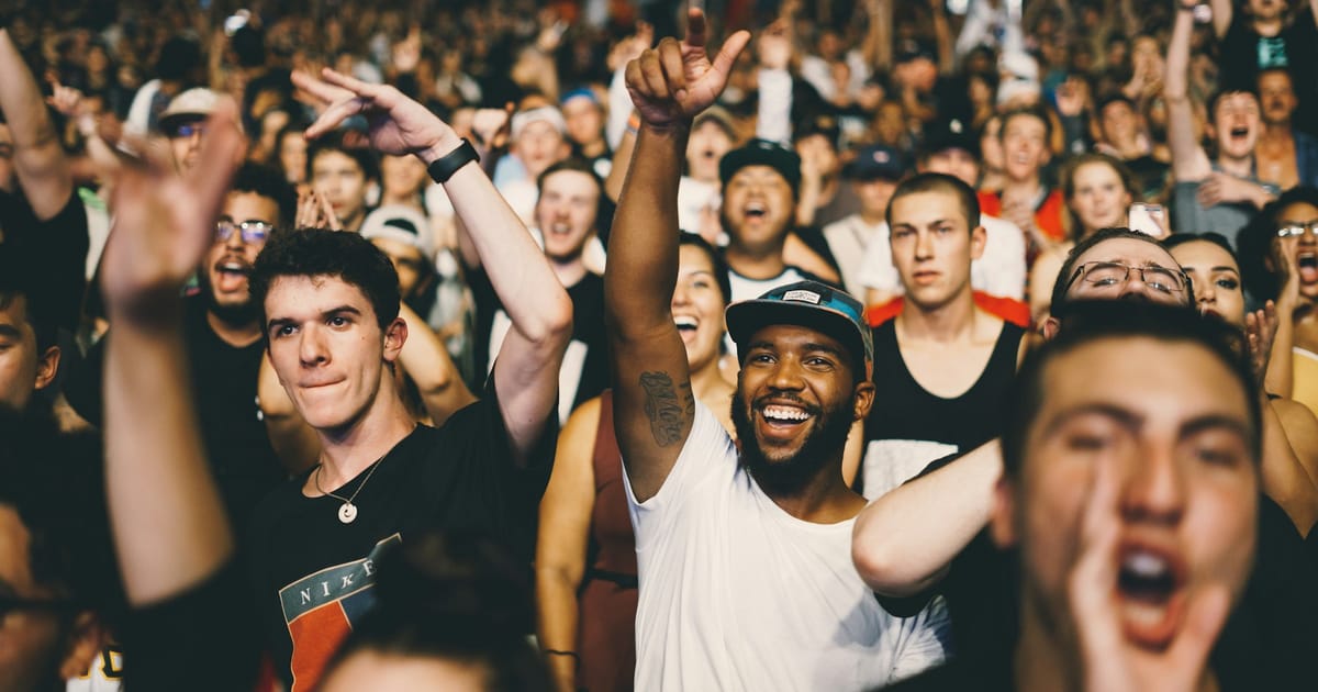 Un público entusiasmado levanta los brazos y canta frente al escenario en un concierto.